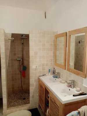 a bathroom with a sink and a shower at Appartement cours Bonaparte in Sartène