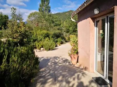 a walkway outside of a house with bushes and trees at l'Ogliastru in Ucciani