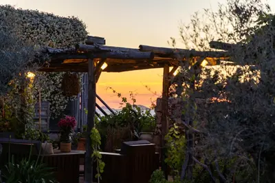 a pergola in a garden with a sunset in the background at Villa Kirssis in Porticcio
