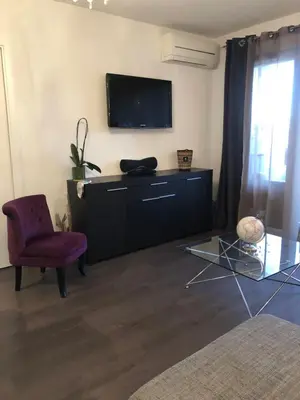 a living room with a tv and a purple chair at Joli T2 récent 'Le VIVALDI' in Ajaccio