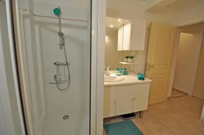 a bathroom with a shower and a sink at Soleil Topaze - 68 m2 - Terrasse - Jardinet - Transats - Vue mer panoramique sur toute la baie in Porticcio
