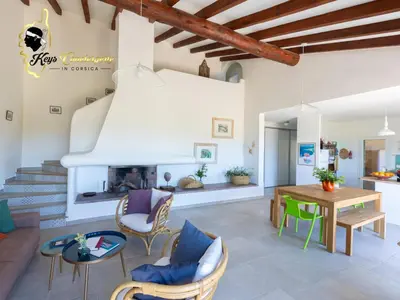 a living room with a table and a fireplace at Villa Acciagina 10 pers PISCINE VUE MER PINARELLO Climatisée in Pinarellu