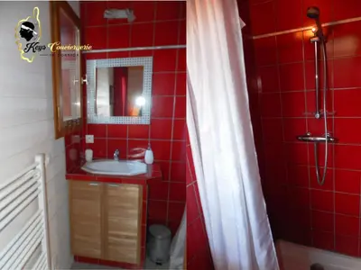 a red tiled bathroom with a sink and a mirror at Dormir à Porto Vecchio (Trinité) in Porto-Vecchio