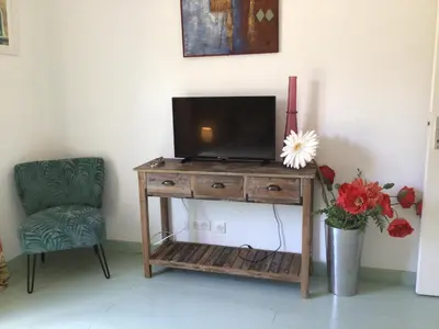 a television on a wooden stand with a chair and flowers at casa turchina chambre avec piscine privée in Porto-Vecchio