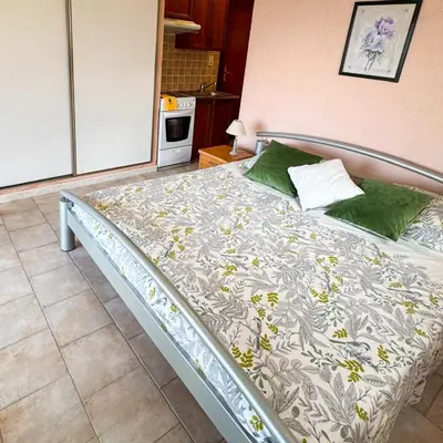 a large bed in a bedroom with at Domaine Mare e Monti - T1 Les Palmiers vue mer in Albitreccia