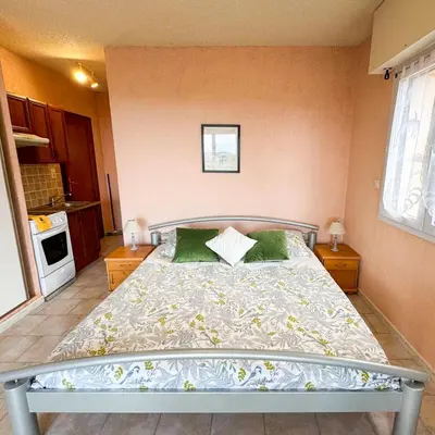 a bedroom with a large bed with green pillows at Domaine Mare e Monti - T1 Les Palmiers vue mer in Albitreccia