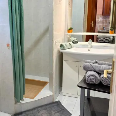 a bathroom with a shower curtain and a sink at Domaine Mare e Monti - T1 Les Palmiers vue mer in Albitreccia