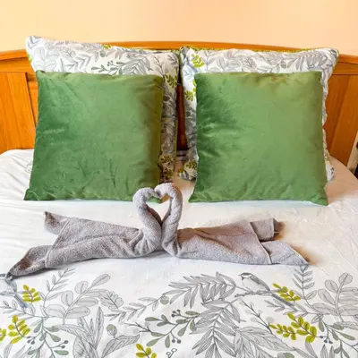 two swans laying on top of a bed with pillows at Domaine Mare e Monti - T2 Les Oliviers vue mer in Albitreccia