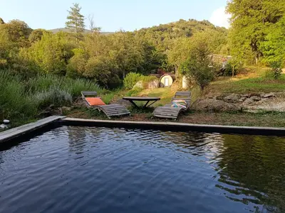 a pool with chairs and a picnic table next to a lake at A Chjusella di E Sertine in Tralonca