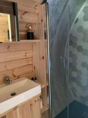 a bathroom with a sink and a shower at A Chjusella di E Sertine in Tralonca