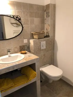 a bathroom with a sink and a toilet and a mirror at Villa Capraghjese in Galeria