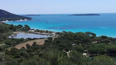 an island in the ocean with blue water and trees at Maison sur Palombaggia in Porto-Vecchio