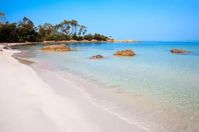 a beach with some rocks in the water at Studio terrasse rue piétonne Ajaccio in Ajaccio