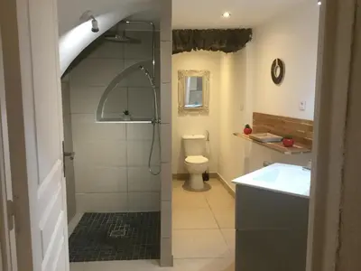 a bathroom with a shower and a toilet and a sink at Casa LiLi in Castello-di-Rostino