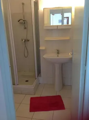 a bathroom with a sink and a shower with a mirror at Gîtes à COZZANO in Cozzano