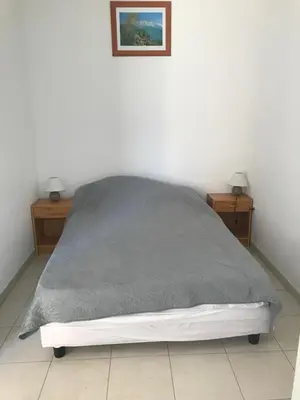 a bed with a gray blanket and two night stands at Gîtes à COZZANO in Cozzano