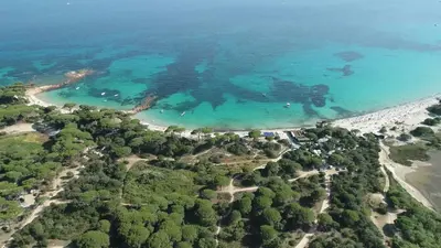 an aerial view of a beach and the ocean at Palombaggia location i pini Porto Vecchio in Porto-Vecchio