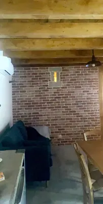 a living room with a brick wall and a couch at La bergerie du Chêne in Omessa