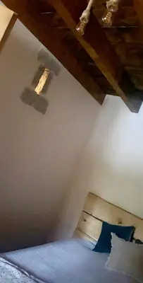 a bedroom with a bed and a wooden ceiling at La bergerie du Chêne in Omessa