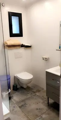 a bathroom with a toilet and a sink and a mirror at Maison au centre d'un village typique in Omessa