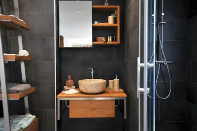 a bathroom with a sink and a shower at clemente en aparté nord in Lecci