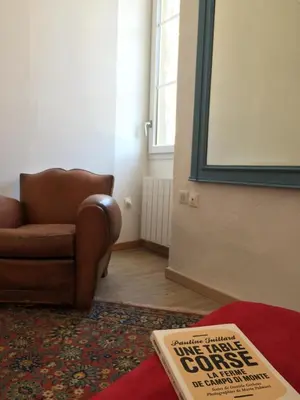 a living room with a brown chair and a book at Casa Mariana in Ghisoni