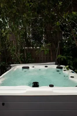 a hot tub in a backyard with a tree at Villa BARQUIERO in Coti-Chiavari
