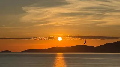 a sunset over the water with a sailboat in the sky at Appartement vue mer panoramique près de Porticcio in Pietrosella