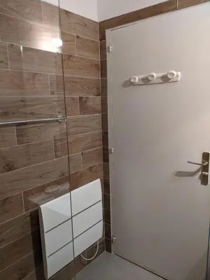 a bathroom with a shower with a glass door at Studio 4 pers terrasse vue mer in Ajaccio