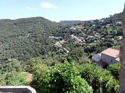 a view of a valley with trees and houses at Appartement de charme entre mer et montagne in Sollacaro