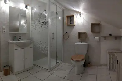 a bathroom with a shower and a toilet and a sink at U Caseddu 