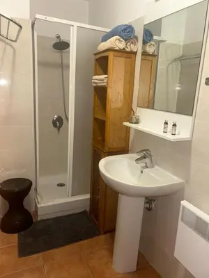 a bathroom with a sink and a shower at Moriani-Plage : Résidence en bord de mer in San-Nicolao