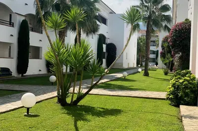 a courtyard with palm trees and a building at Moriani-Plage : Résidence en bord de mer in San-Nicolao