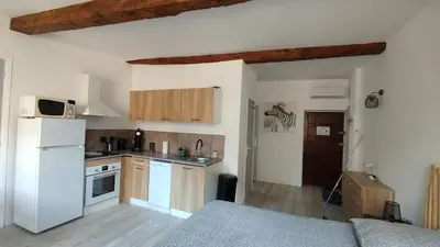a kitchen with a white refrigerator and a counter top at studio cosy centre ville in Ajaccio