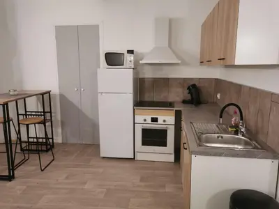 a kitchen with a white refrigerator and a sink at studio cosy centre ville in Ajaccio