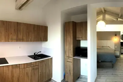 a kitchen with a sink and a bed in a room at Joli F1 en bordure d'Ajaccio in Ajaccio