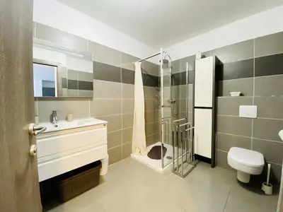 a bathroom with a sink and a shower and a toilet at PORTO PIANO 2 pièces au coeur de la ville in Propriano