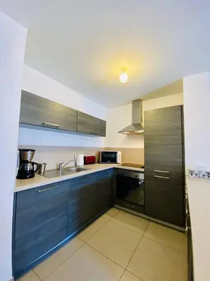 a kitchen with wooden cabinets and a sink and a microwave at PORTO PIANO 2 pièces au coeur de la ville in Propriano