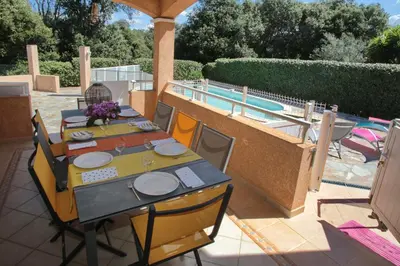 a table set for a meal next to a swimming pool at Di Felicita in Albitreccia