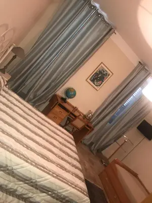a bedroom with a bed with gray drapes at A Balamata in Cervione