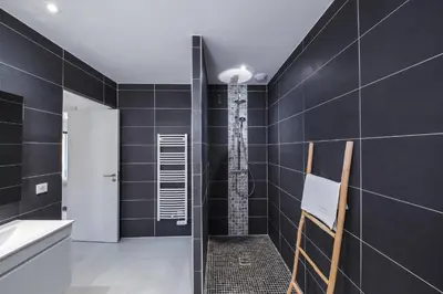 a bathroom with black tiled walls and a shower at Résidence Petra d'Oro - Villa Rondinara in Porto-Vecchio