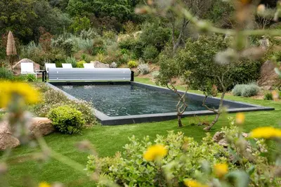 a bench sitting in a pond in a garden at Les Villas de Palombaggia in Porto-Vecchio