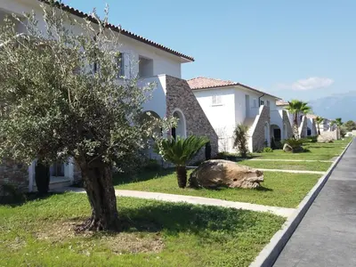 a pig laying in the grass in front of a house at Apartment A Suara Linda-2 by Interhome in Ghisonaccia