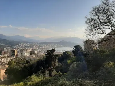 a view of a city from a hill with trees at VILLA BELVEDERE D'AJACCIO, VILLA ENTIERE VUE MER POUR 2 à 10 VOYAGEURS in Ajaccio