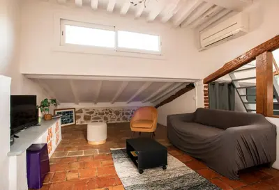 a living room with a couch and a tv at Toit Terrasse centre historique in Ajaccio
