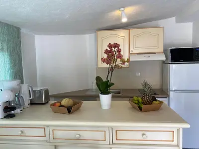 a kitchen with two baskets of fruit on a counter at Santa Giulia - Le village de L'hacienda in Porto-Vecchio