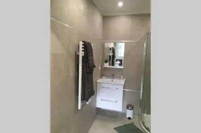 a bathroom with a shower and a sink and a mirror at Appartement neuf entre mer et montagne. in Furiani