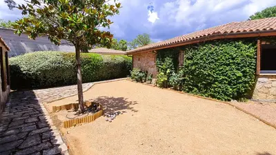 a small tree in a courtyard next to a house at Villa Lucendiluna 10 personnes piscine 5 min plage en voiture in Sainte-Lucie de Porto-Vecchio