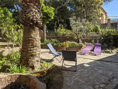 two purple chairs sitting next to a tree at La villa Acacia in Coti-Chiavari