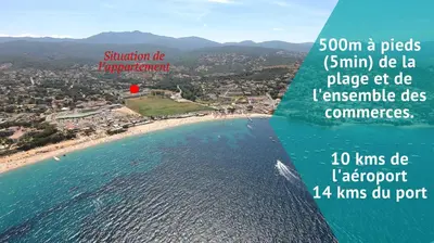 an aerial view of a beach with a red dot at Porticcio - T2 neuf à 5min à pieds de la plage in Porticcio